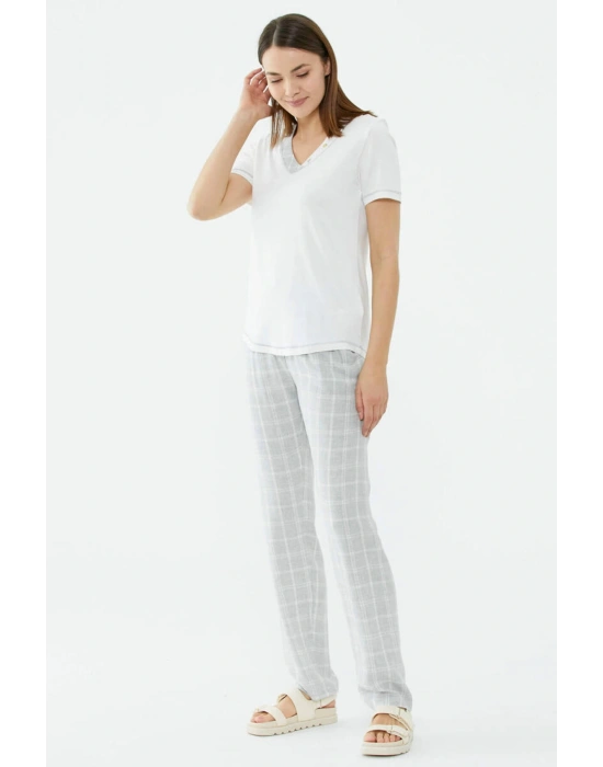 Ekose Desenli Takım - Ekru