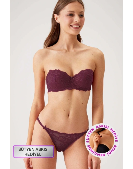 Mürdüm 4563 Pisa Destekli / Push - Up Dolgulu Straplez Dantelli Sütyen Takımı
