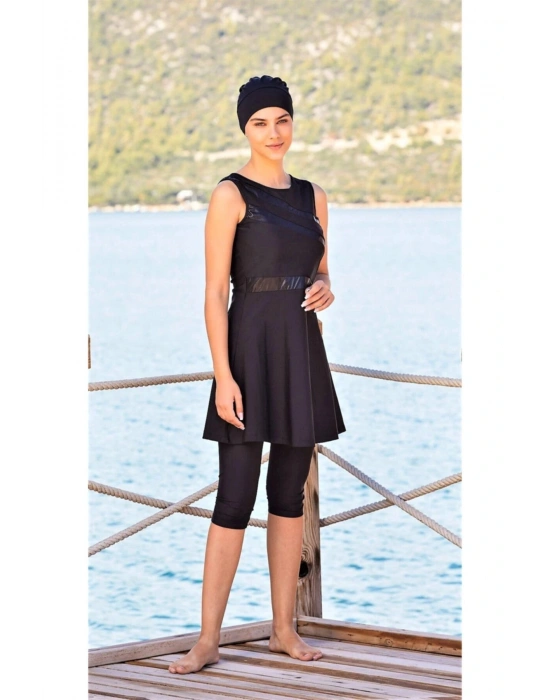 Kalın Askılı Kapri Taytlı Havuz Mayo Siyah