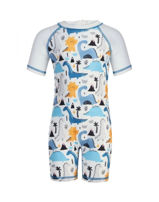 Dinozor Desenli Beyaz Bebek Mayo Tulum