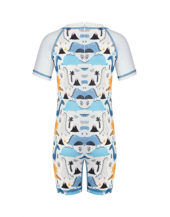 Dinozor Desenli Beyaz Bebek Mayo Tulum