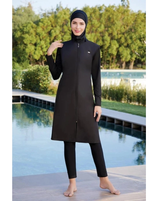 Kadın Siyah Tasarım Likralı Tam Kapalı Tesettür Mayo 1250