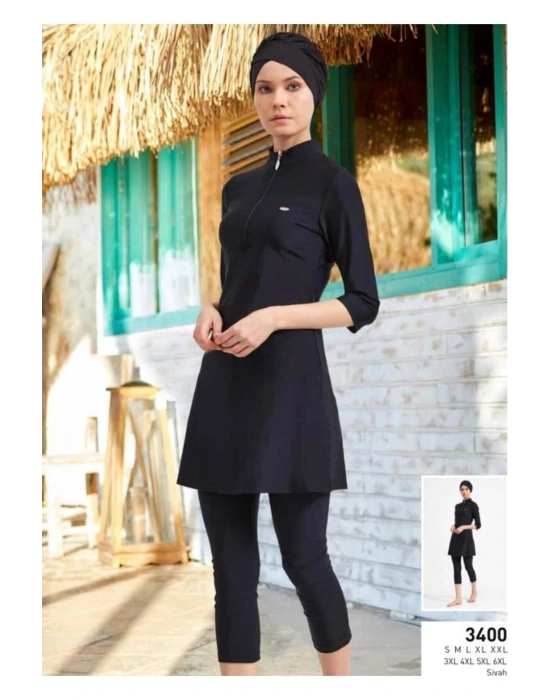 3400-siyah Diresk Kol Fermar Detaylı Yarı Kapalı Battal Tesettür Mayo