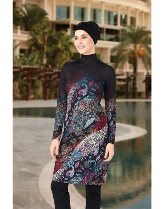 0483 Siyah Dijital Desenli Lycralı Tesettür Mayo