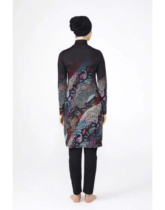 0483 Siyah Dijital Desenli Lycralı Tesettür Mayo