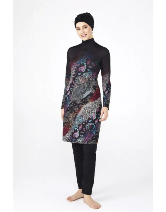 0483 Siyah Dijital Desenli Lycralı Tesettür Mayo