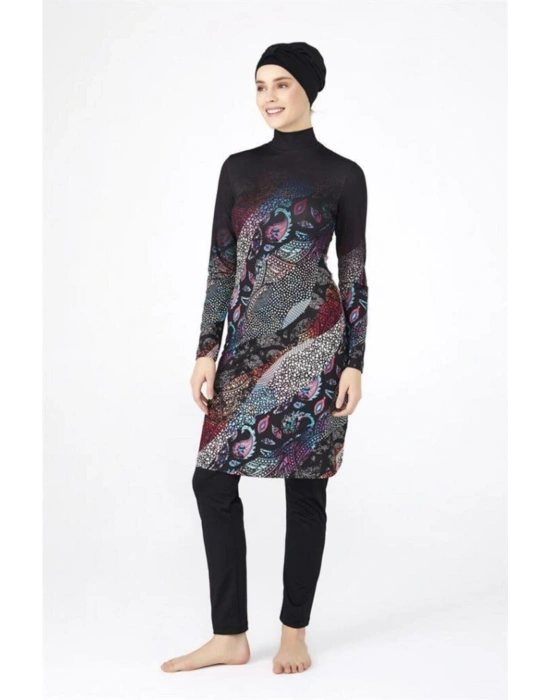 0483 Siyah Dijital Desenli Lycralı Tesettür Mayo