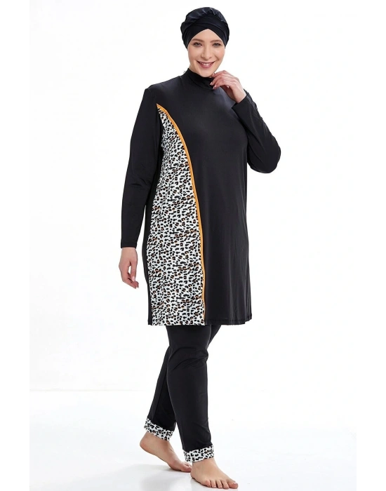 Siyah Likralı Tesettür Battal Beden Tam Kapalı Tesettür Mayo