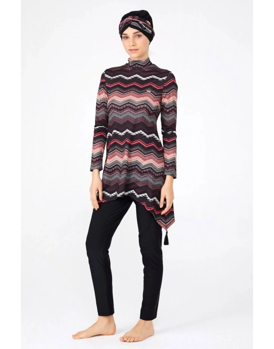 Çizgi Desenli Siyah Tesettür Mayo