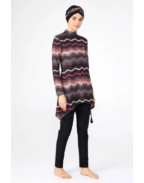 Çizgi Desenli Siyah Tesettür Mayo