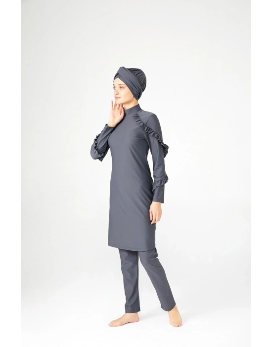 Fırfır Tasarım Likralı Tam Kapalı Tesettür Mayo Fırfır 4104 Gri