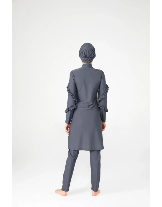 Fırfır Tasarım Likralı Tam Kapalı Tesettür Mayo Fırfır 4104 Gri