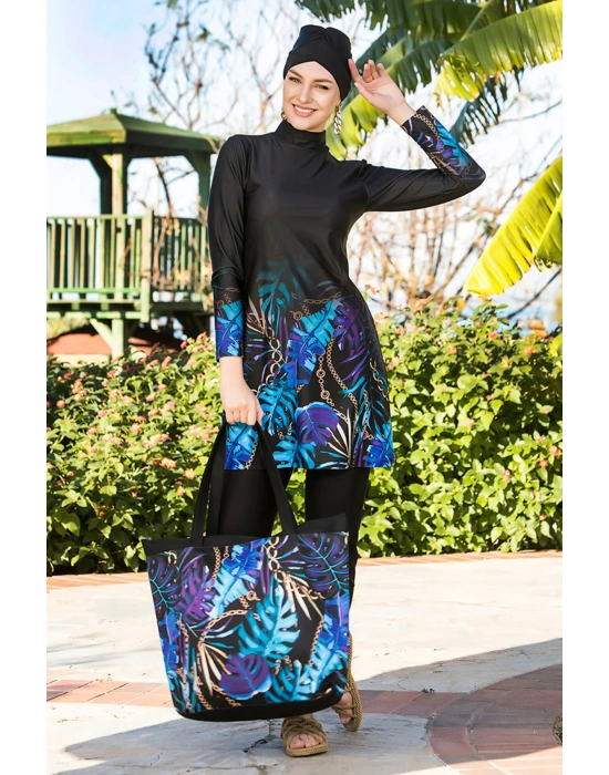 Tasarım Likralı Tam Kapalı Tesettür Mayo Yaprak Desenli 270/134 Siyah