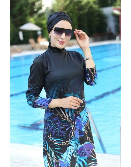 Tasarım Likralı Tam Kapalı Tesettür Mayo Yaprak Desenli 270/134 Siyah