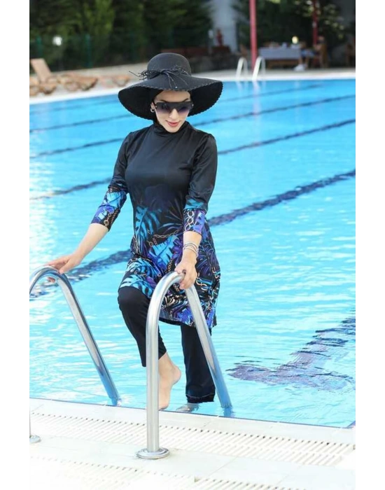 Tasarım Likralı Tam Kapalı Tesettür Mayo Yaprak Desenli 270/134 Siyah