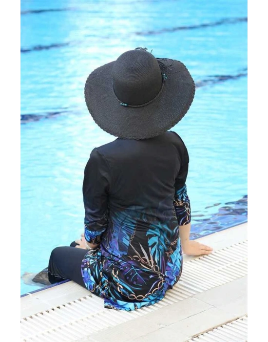 Tasarım Likralı Tam Kapalı Tesettür Mayo Yaprak Desenli 270/134 Siyah