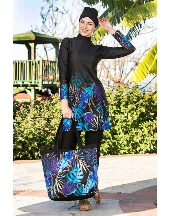 Tasarım Likralı Tam Kapalı Tesettür Mayo Yaprak Desenli 270/134 Siyah