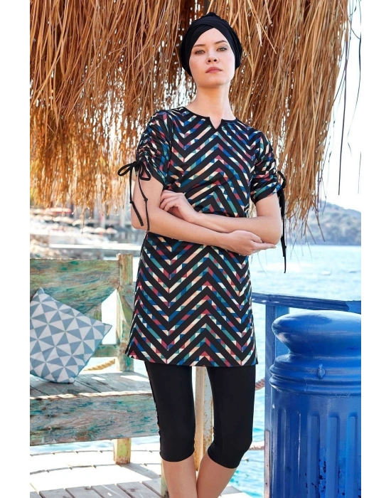 Kadın Yarı Kapalı Kısa Kol Siyah Tesettür Mayo 3410