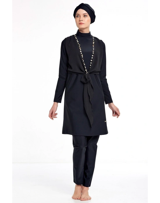 Özel Tasarım Tül Detaylı Hızlı Kuruyan Likralı Kumaş Tesettür Mayo 4341