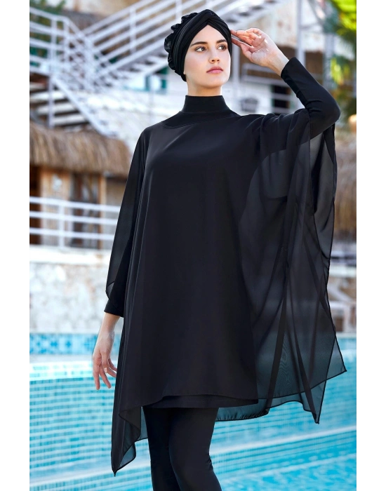 Siyah Pareo Tesettür Mayo Üzerine Tüllü 2022 Yeni Sezon