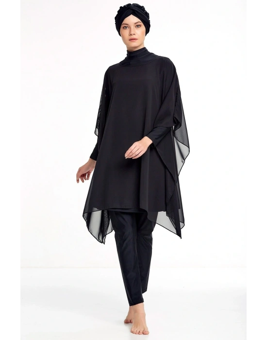 Siyah Pareo Tesettür Mayo Üzerine Tüllü 2022 Yeni Sezon