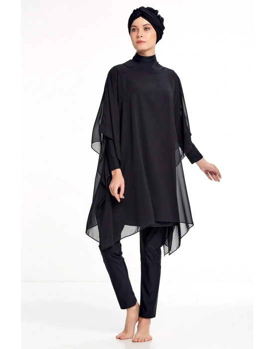 Siyah Pareo Tesettür Mayo Üzerine Tüllü 2022 Yeni Sezon