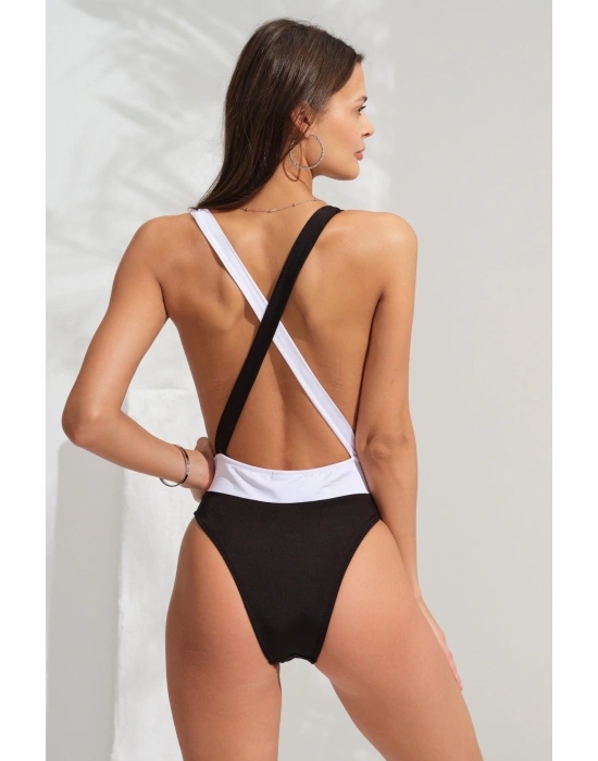 Derin Göğüs Dekolteli Mayo High Leg Brazilian Siyah Beyaz 231103