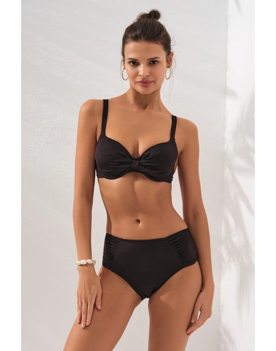 Siyah Ginger Balenli Ayarlanabilir Omuz Askılı Drape Yüksek Bel Bikini Takımı Toparlayıcı Kaplı