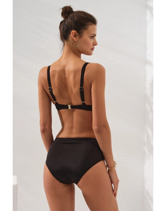 Siyah Ginger Balenli Ayarlanabilir Omuz Askılı Drape Yüksek Bel Bikini Takımı Toparlayıcı Kaplı