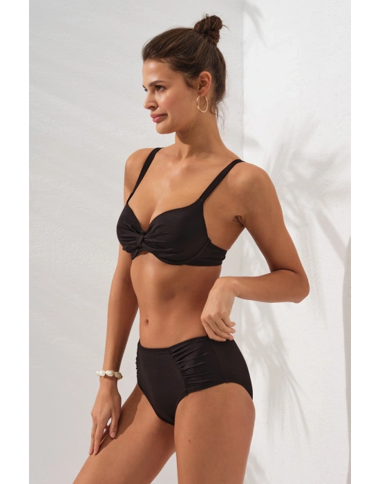 Siyah Ginger Balenli Ayarlanabilir Omuz Askılı Drape Yüksek Bel Bikini Takımı Toparlayıcı Kaplı