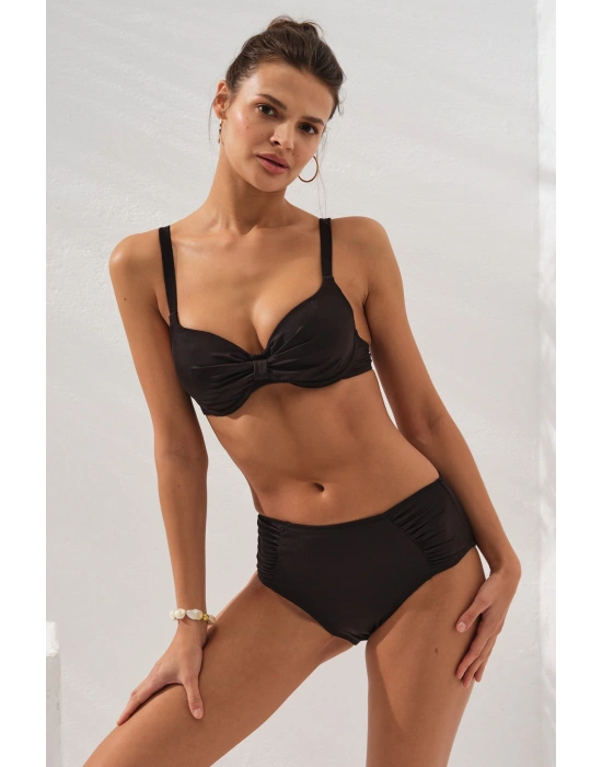 Siyah Ginger Balenli Ayarlanabilir Omuz Askılı Drape Yüksek Bel Bikini Takımı Toparlayıcı Kaplı