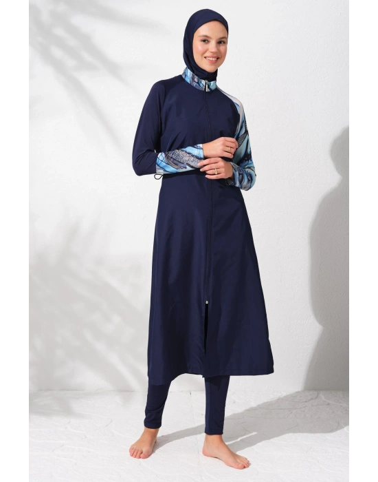 231913 Lacivert Desenli Uzunkollu Fermuarlı Tesettür Mayo Takımı