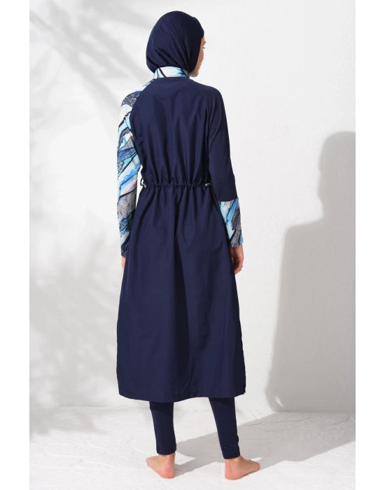 231913 Lacivert Desenli Uzunkollu Fermuarlı Tesettür Mayo Takımı