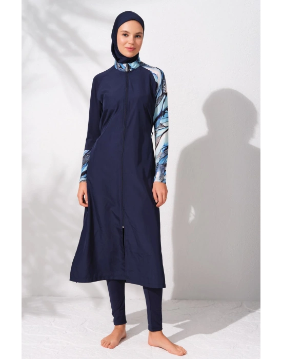 231913 Lacivert Desenli Uzunkollu Fermuarlı Tesettür Mayo Takımı