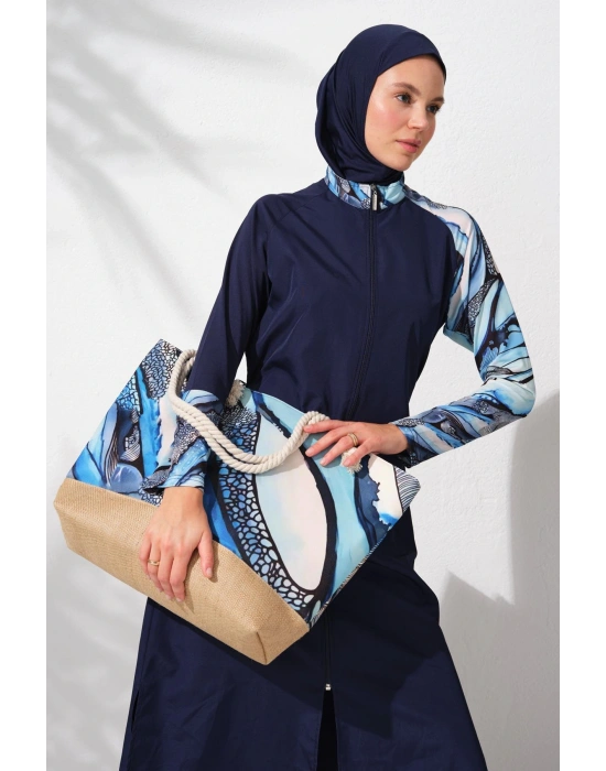 231913 Lacivert Desenli Uzunkollu Fermuarlı Tesettür Mayo Takımı