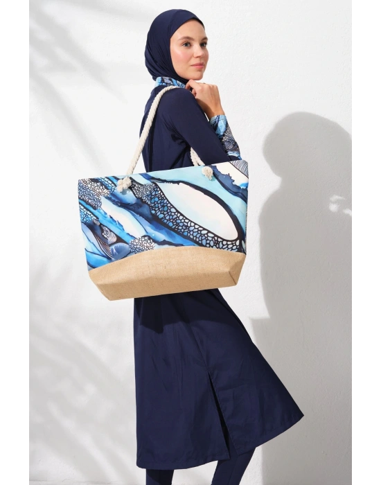 231913 Lacivert Desenli Uzunkollu Fermuarlı Tesettür Mayo Takımı