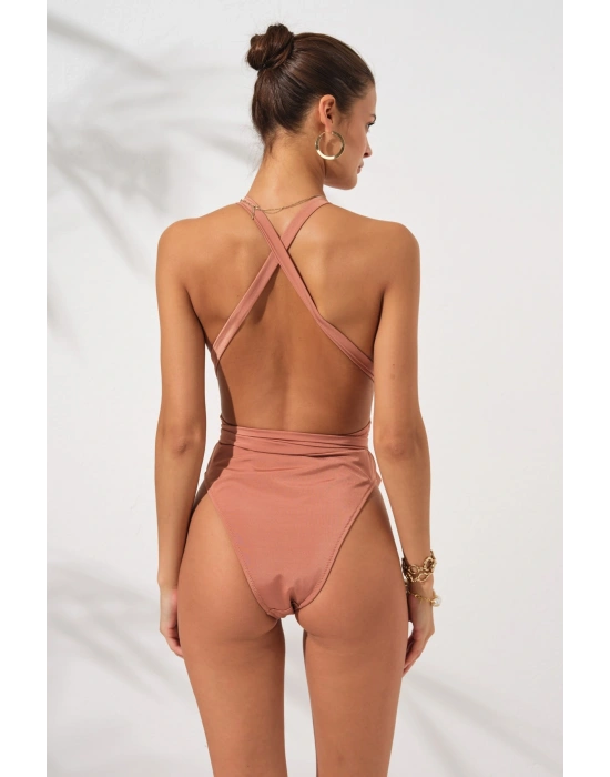 Bronz Camila Derin Sırt Dekolteli Belden Çapraz Bağlamalı High Leg Mayokini Çift Astarlı Pedli