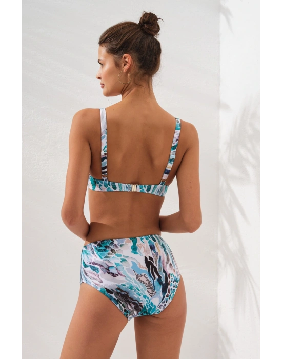 Mavi Ginger Karışık Desenli Göğüs Detaylı Toparlayıcı Bikini Takımı Yüksek Bel Balenli Askılı