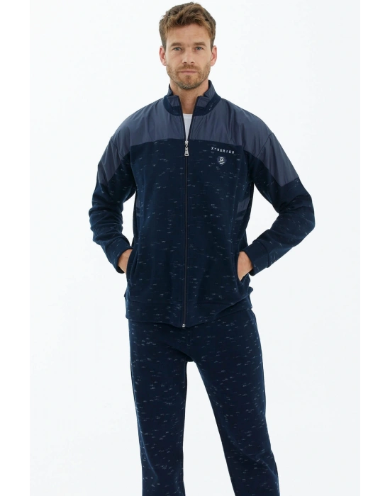 Dik Yaka Kapitoneli Nakş Detaylı Eşofman Takımı - Lacivert