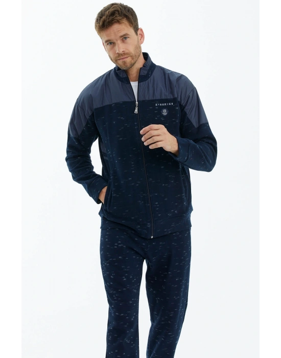 Dik Yaka Kapitoneli Nakş Detaylı Eşofman Takımı - Lacivert