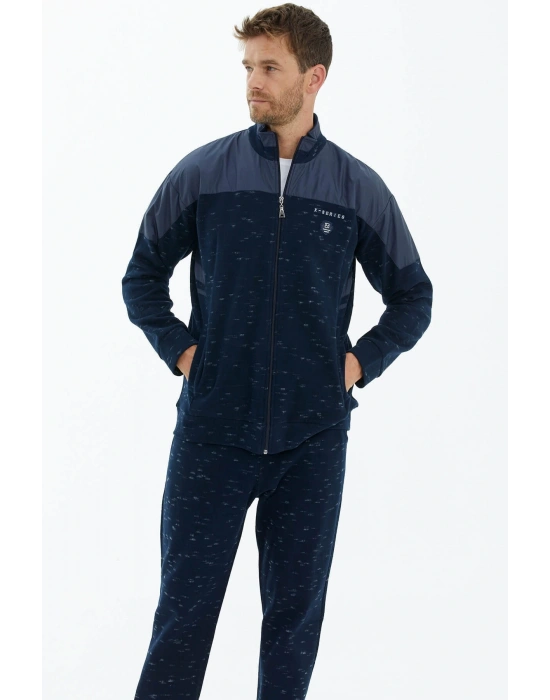 Dik Yaka Kapitoneli Nakş Detaylı Eşofman Takımı - Lacivert