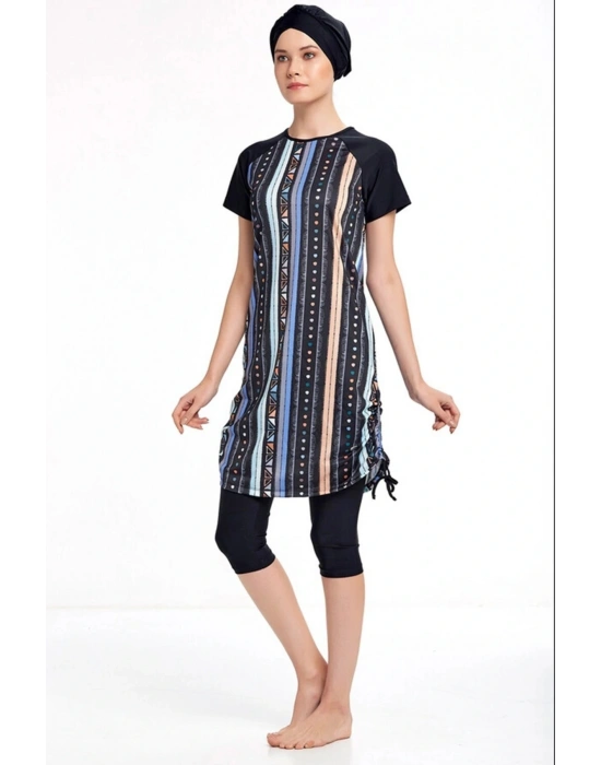 Kadın Likralı Yarı Kapalı Kısa Kollu Tesettür Mayo 3409 Siyah