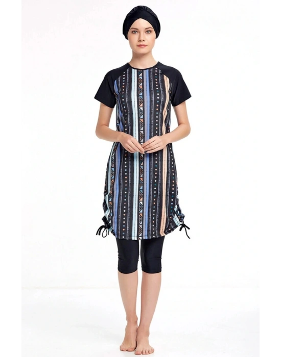 Kadın Likralı Yarı Kapalı Kısa Kollu Tesettür Mayo 3409 Siyah