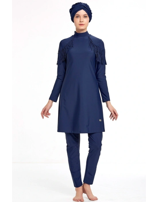 4105 Koyu Lacivert Omuz Püskül Detaylı Likralı Tam Kapalı Tesettür Mayo