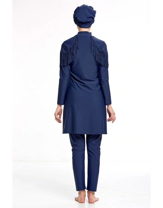 4105 Koyu Lacivert Omuz Püskül Detaylı Likralı Tam Kapalı Tesettür Mayo