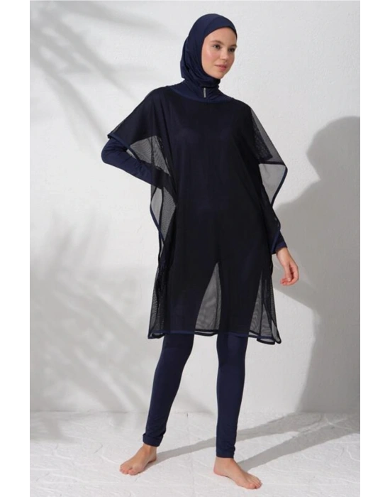 231919 Lacivert Fileli Tesettür Tulum Mayo