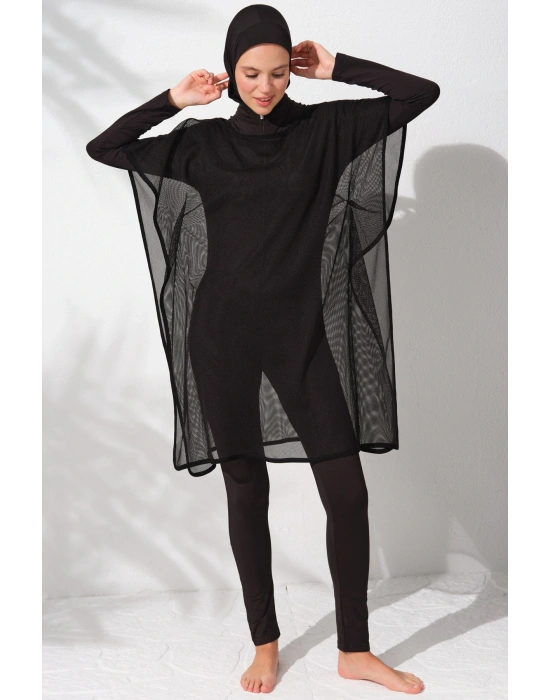 Fileli Tesettür Tulum Mayo Siyah 231919