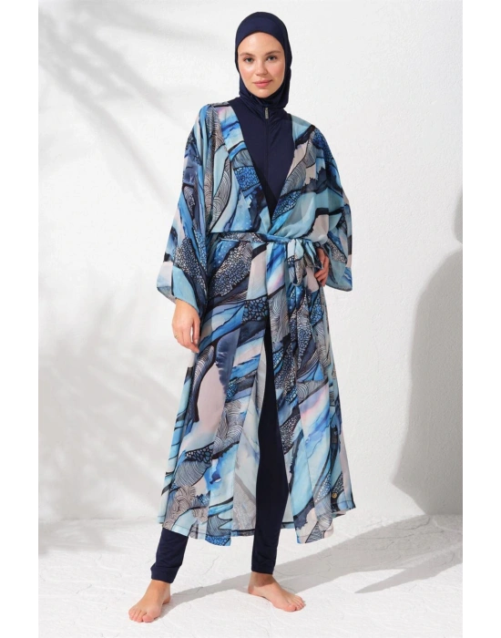 Kadın Mavi Desenli Kaftan Pareo 2c3t1n9m80