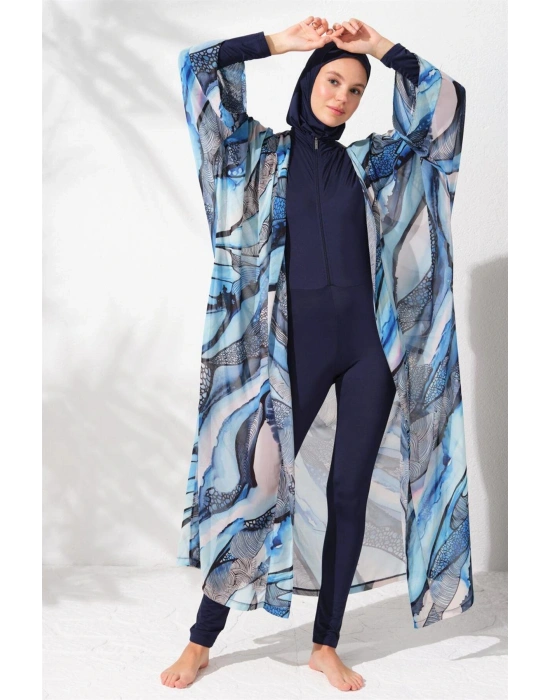Kadın Mavi Desenli Kaftan Pareo 2c3t1n9m80