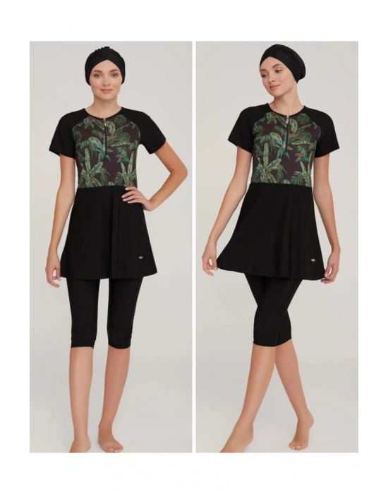 3913 Kısa Kol Yarım Fermuarlı Tasarım Tesettür Mayo